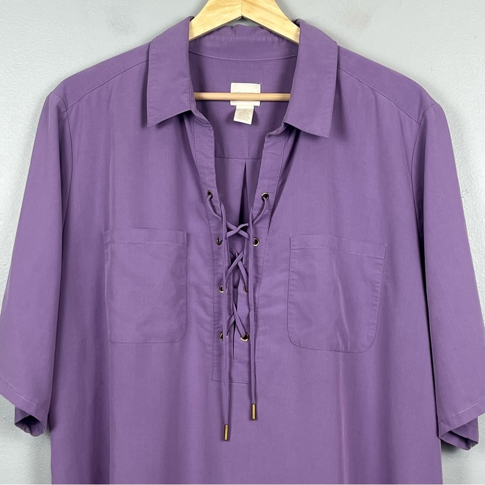 Chico’s purple modal poly elastane laceup neckline popover shirt, XL. - Picture 3 of 10
